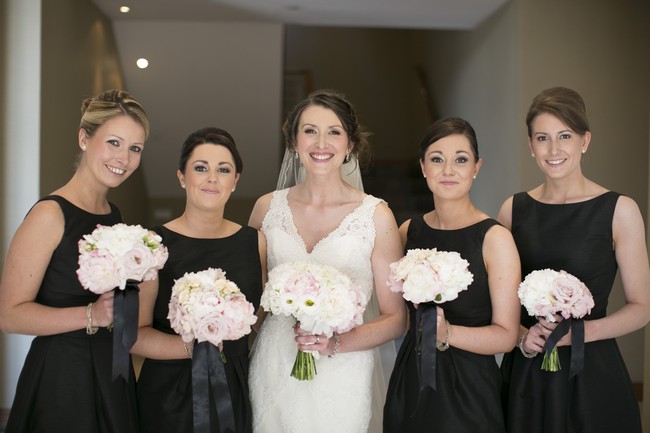 bride and bridesmaids black and pink 