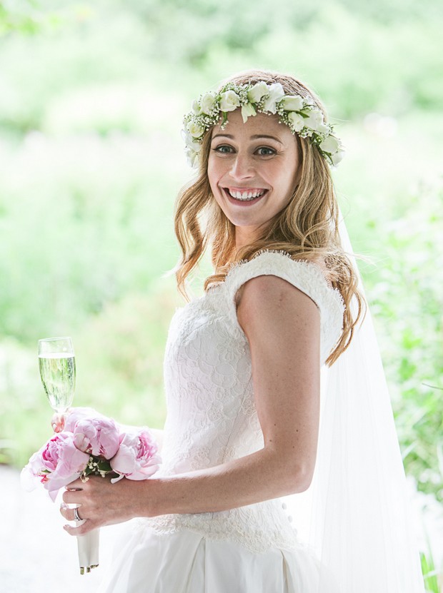 green white fresh flower crown bride wedding hairstyle