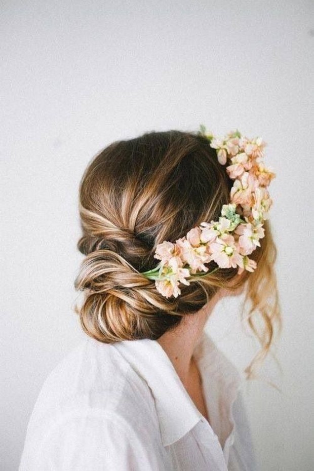 chignon low bun wedding hairstyle 2014 fresh flowers