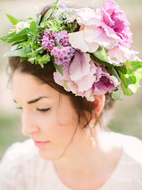 pink purple fresh floral crown bride wedding hairstyle