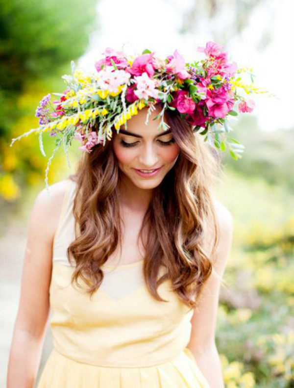 beach wedding hairstyle boho style flower hair crown colourful