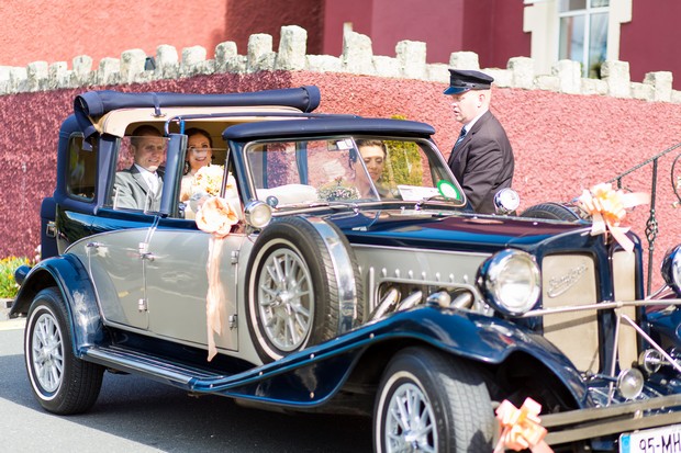 Blue vintage wedding car
