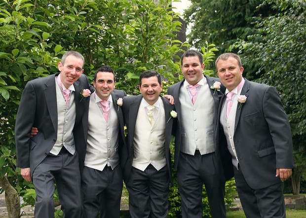 groomsmen in grey and baby pink cravats