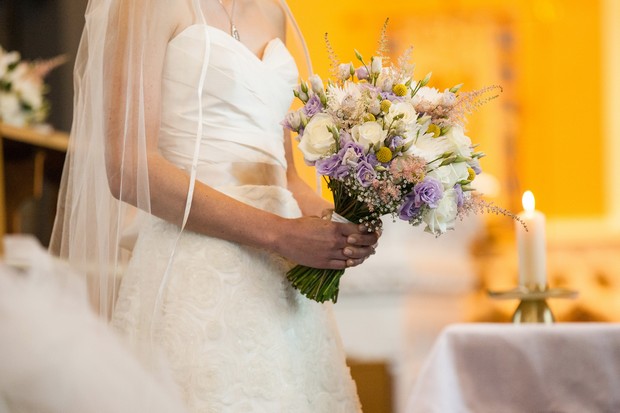 purple yellow white wedding bouquet