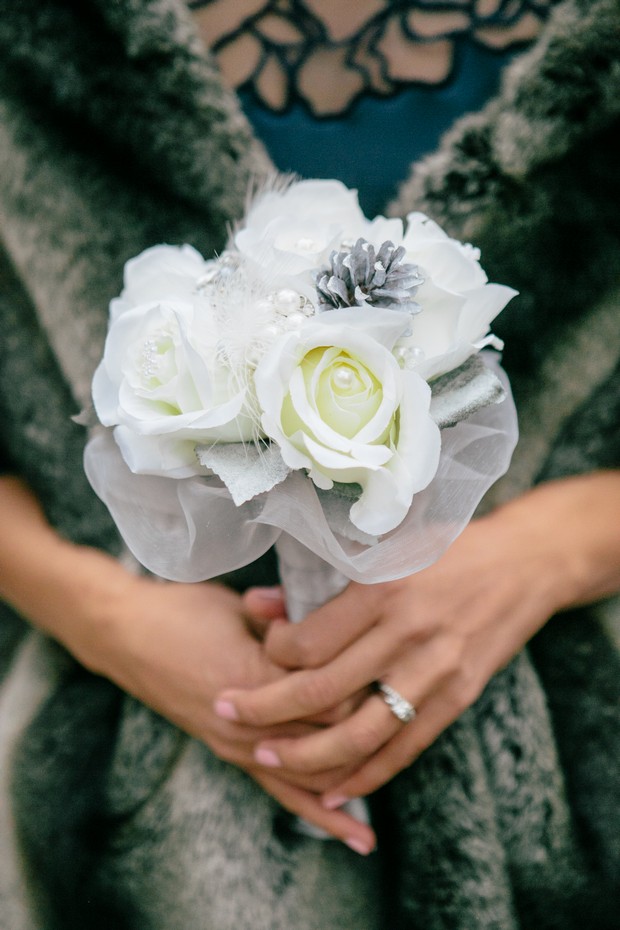 white silver navy winter wedding bouquet