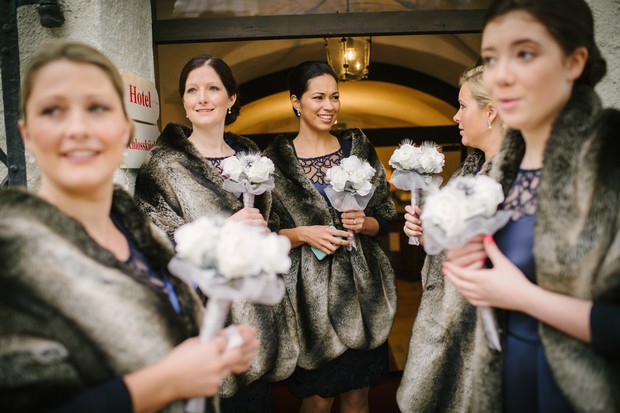 winter bridesmaids navy dress faux fur