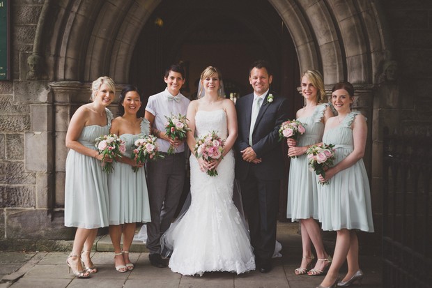 bridemaids-in-suit-and-mint-green-dresses