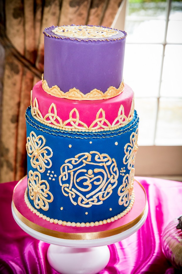 colourful-indian-theme-wedding-cake-purple-pink-gold
