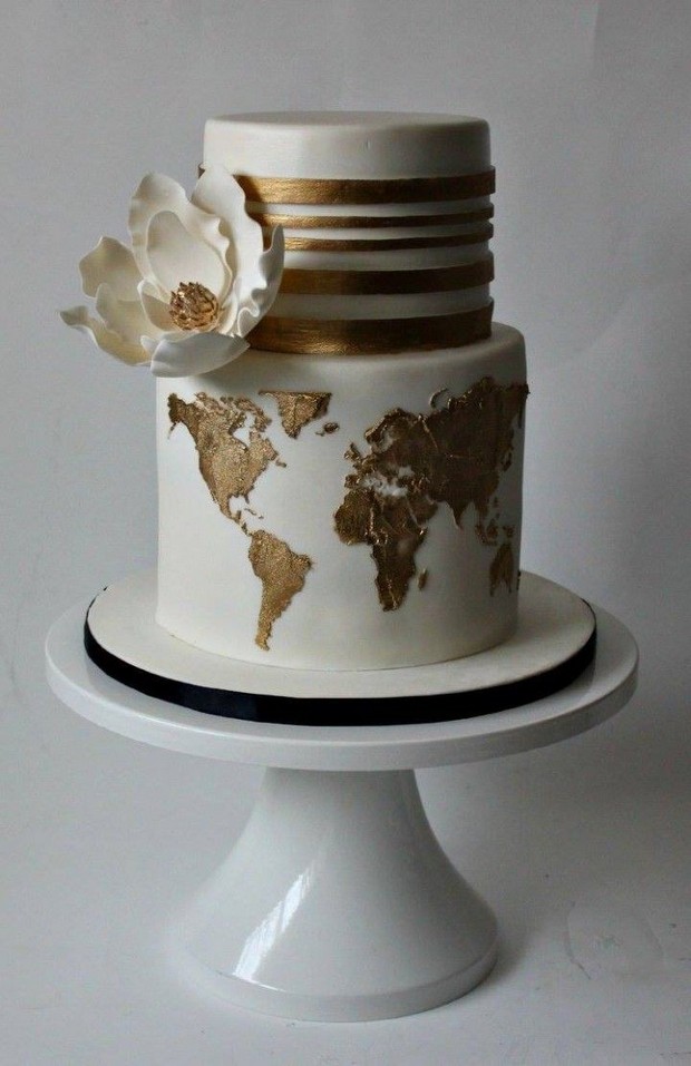 travel-theme-wedding-cake-map-gold-leaf