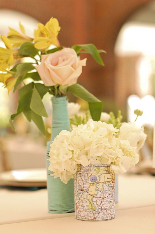 travel-theme-wedding-decor-map-wrapped-mason-jars