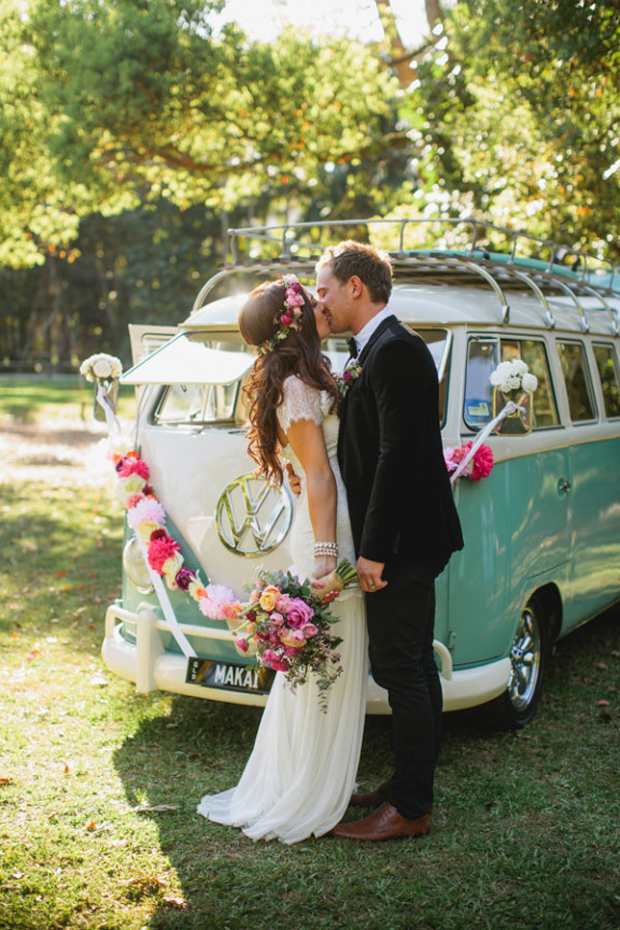 wedding-getaway-car-camper-van-with-pom-pom-garland