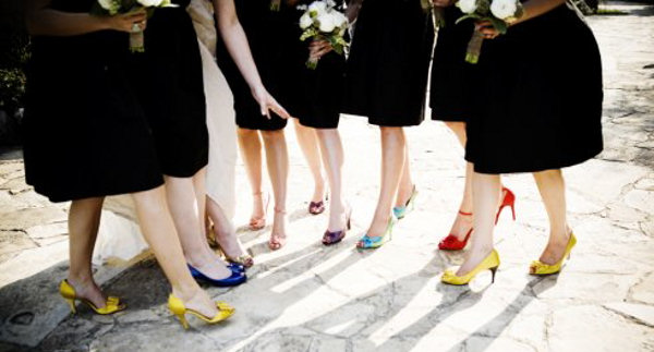 Same Colour Bridesmaids Dresses With Different Colour Shoes