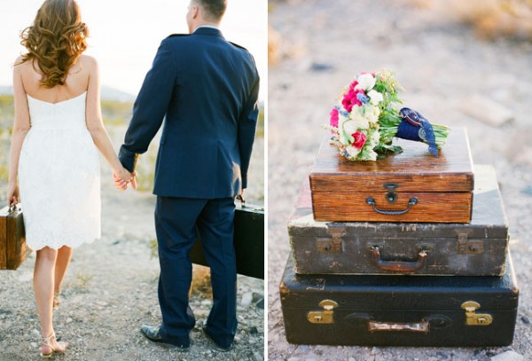 bride and groom with suitcase