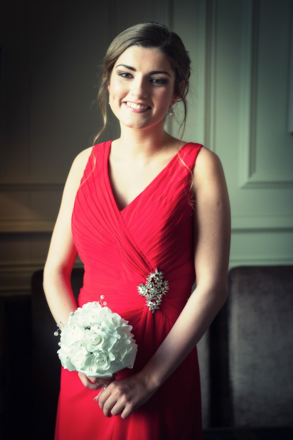 red v neck long bridesmaid dress with brooch bouquet