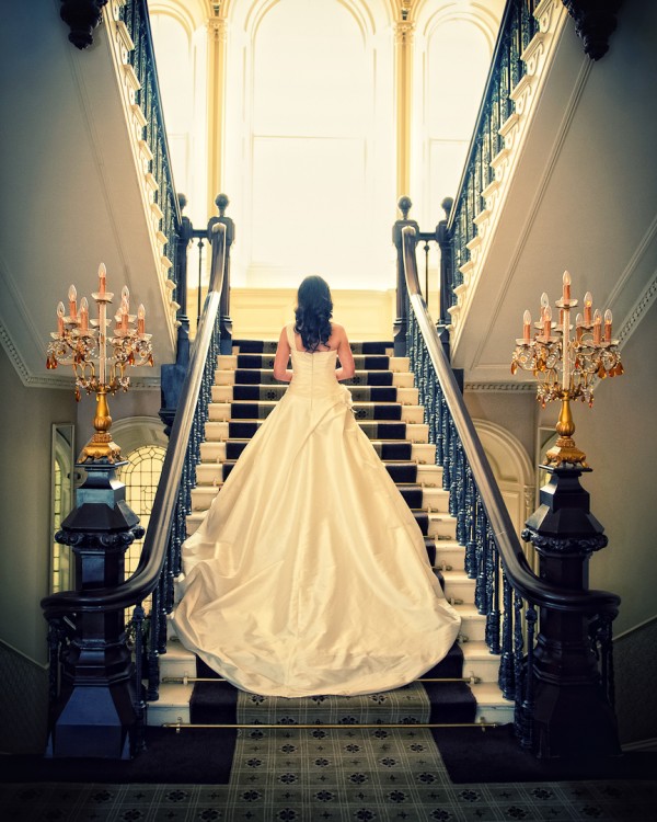 back of wedding dress on stairs