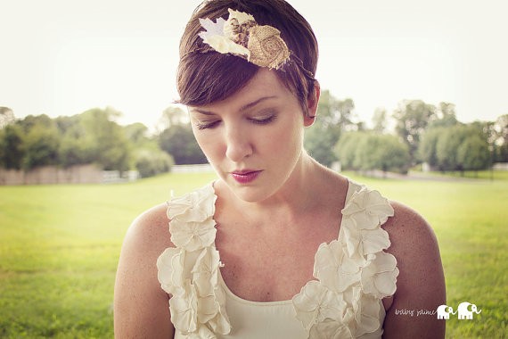 bride with short hair and headpiece