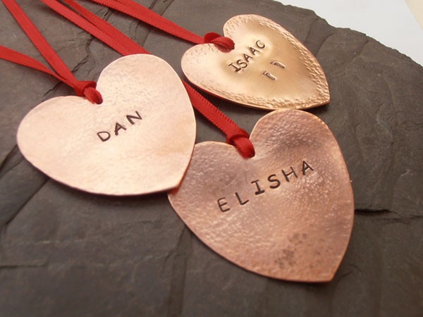 Personalised copper hanging heart wedding favour